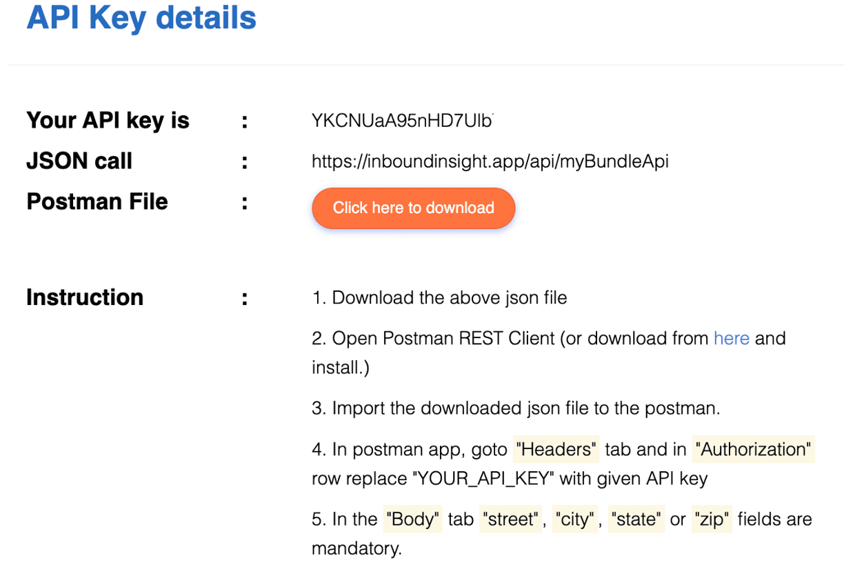 API Key details showing JSON call URL, Postman file download, and integration instructions