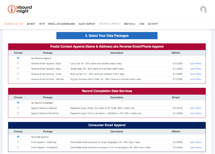 Dashboard Interface showing bundle setup