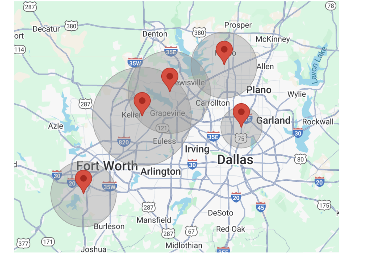 Multi-location map showing branch territories
