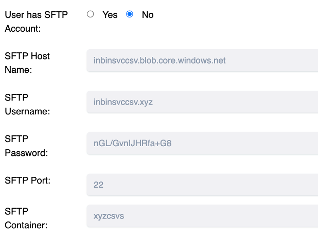SFTP user interface showing host name, username, password, port, and container configuration fields