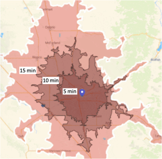 Map showing 5, 10 and 15 minute drive-time rings around a branch location
