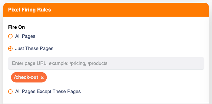 Pixel Firing Rules panel with All Pages, Just These Pages and exclusion options