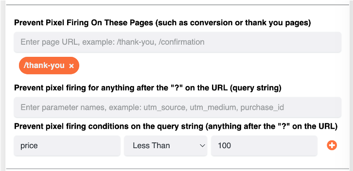 Settings preventing pixel firing on specific pages and query string conditions